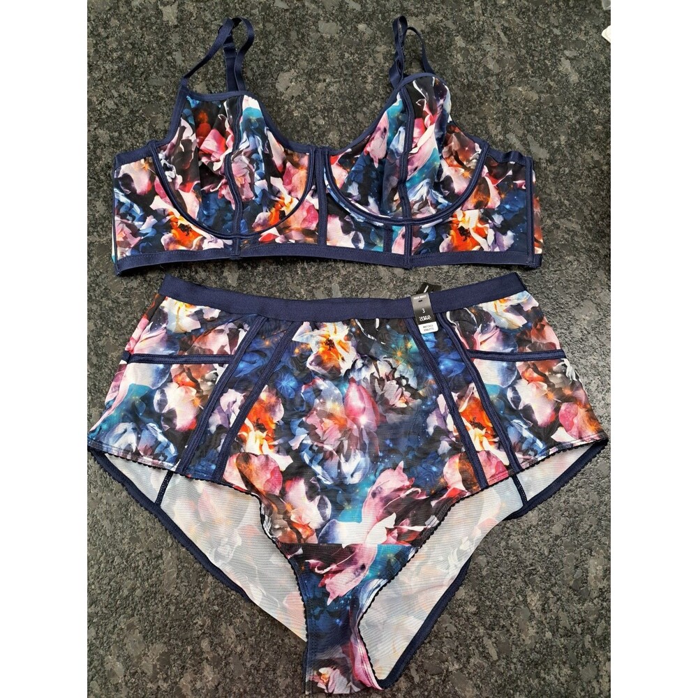Torrid Blue Floral Galaxy Mesh Strappy Underwire Bra (Sz 4) & Brief (Sz 3) NWT
